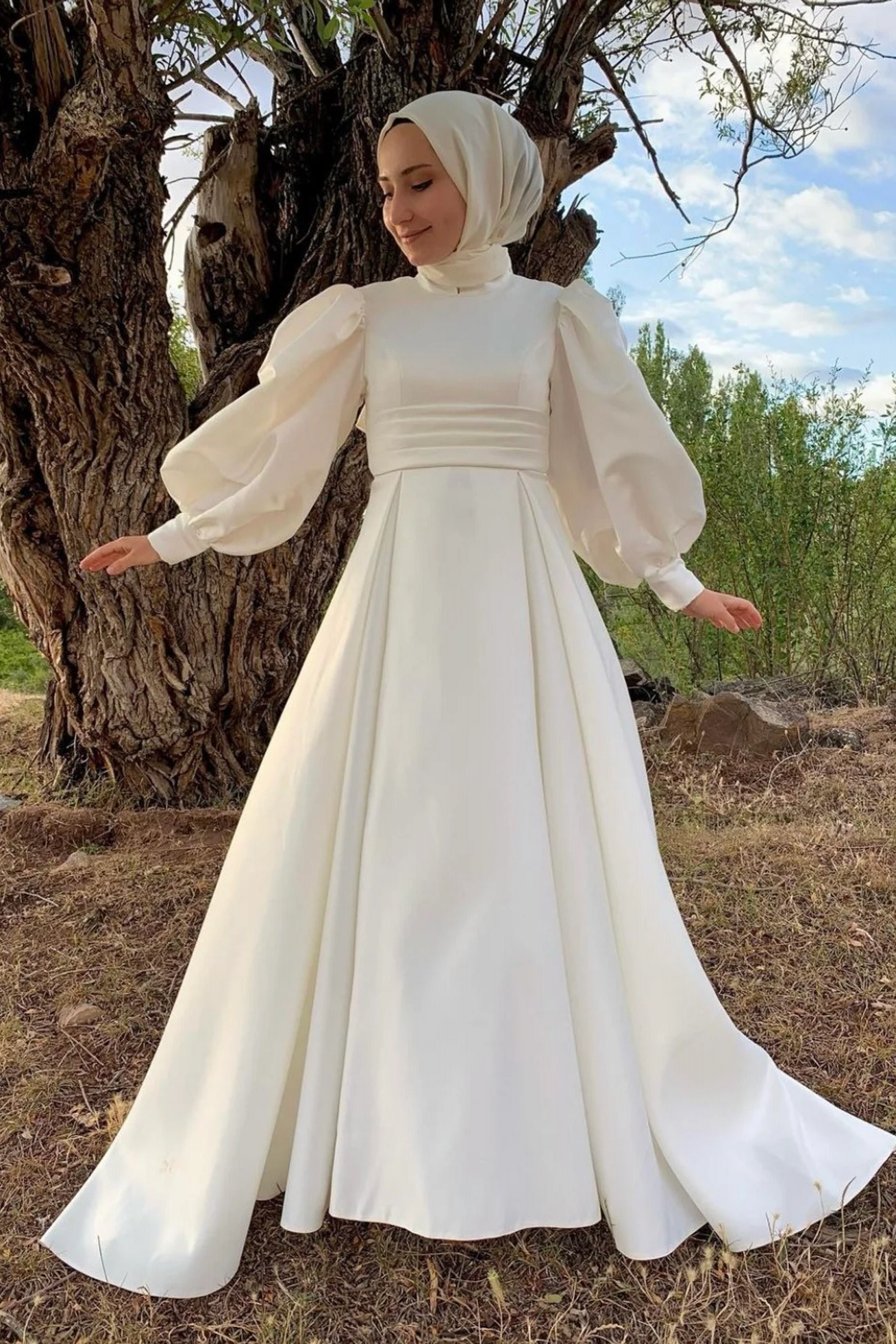 Pakistani Ivory Satin A-Line Modest Wedding Gown (1-Pc) - Image 1