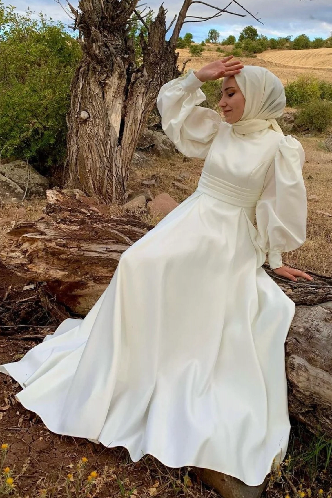 Pakistani Ivory Satin A-Line Modest Wedding Gown (1-Pc) - Image 3