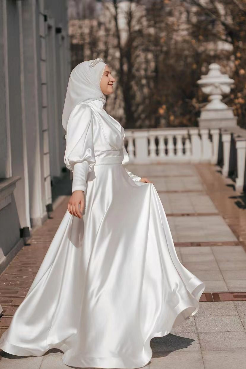 Ivory Satin A-Line Muslim Wedding Dress (1-Pc) - Image 1