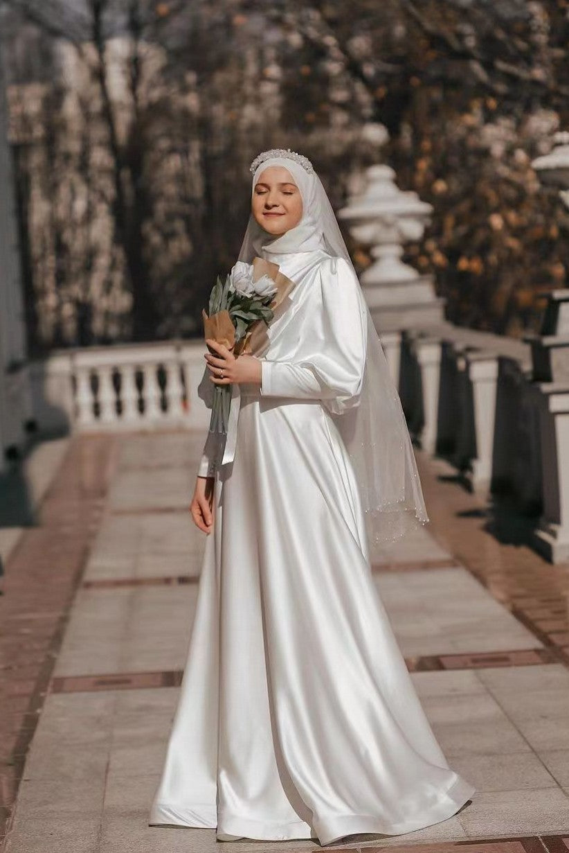 Ivory Satin A-Line Muslim Wedding Dress (1-Pc) - Image 2