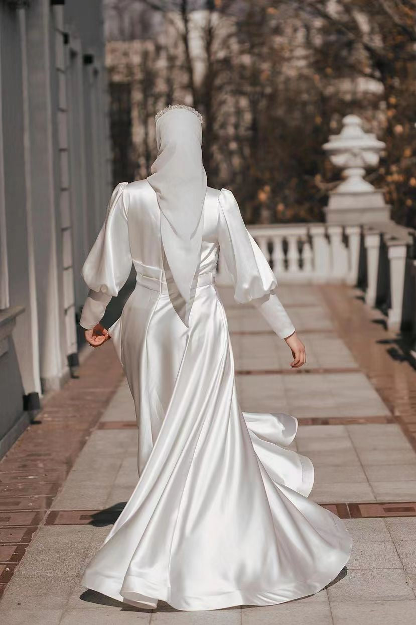 Ivory Satin A-Line Muslim Wedding Dress (1-Pc) - Image 3