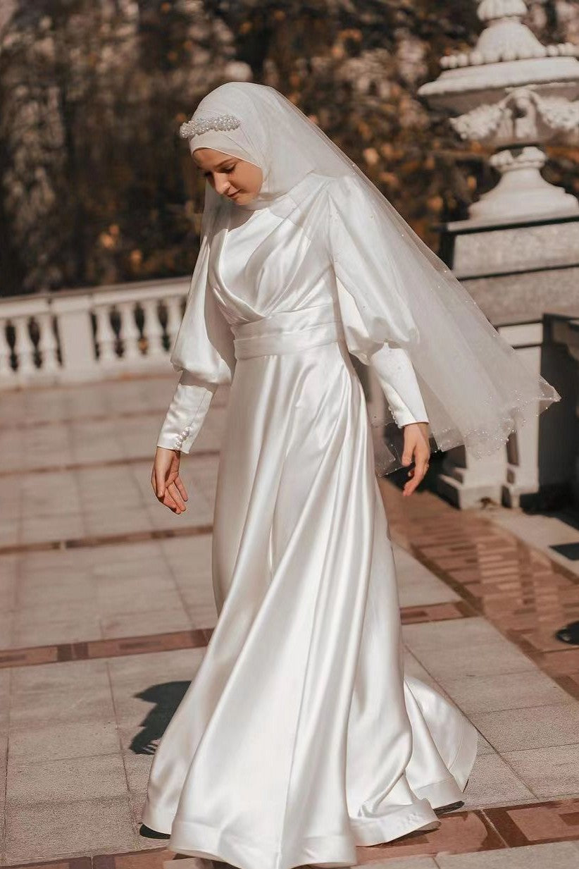 Ivory Satin A-Line Muslim Wedding Dress (1-Pc) - Image 4