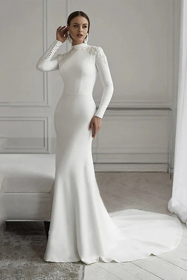 Ivory Appliqué Beaded Soft Satin Mermaid Gown (1-Pc) - Image 1