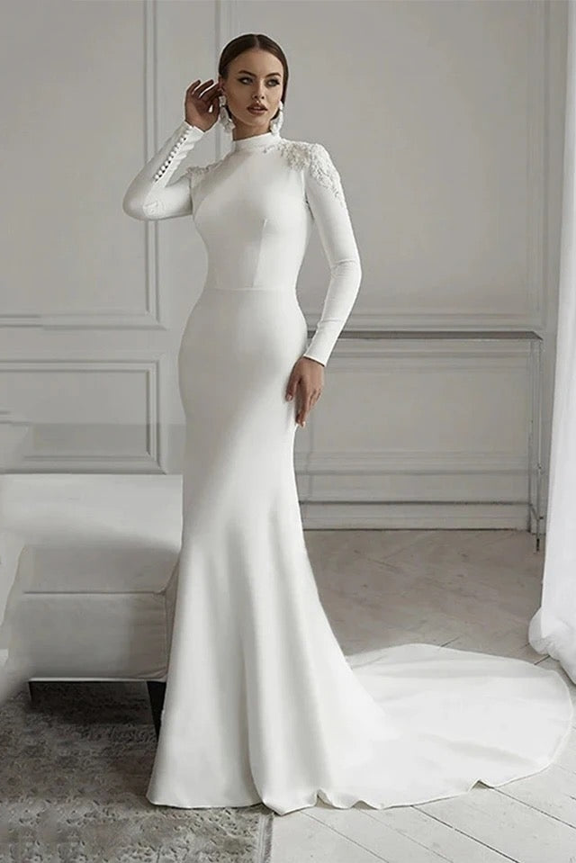 Ivory Appliqué Beaded Soft Satin Mermaid Gown (1-Pc) - Image 3