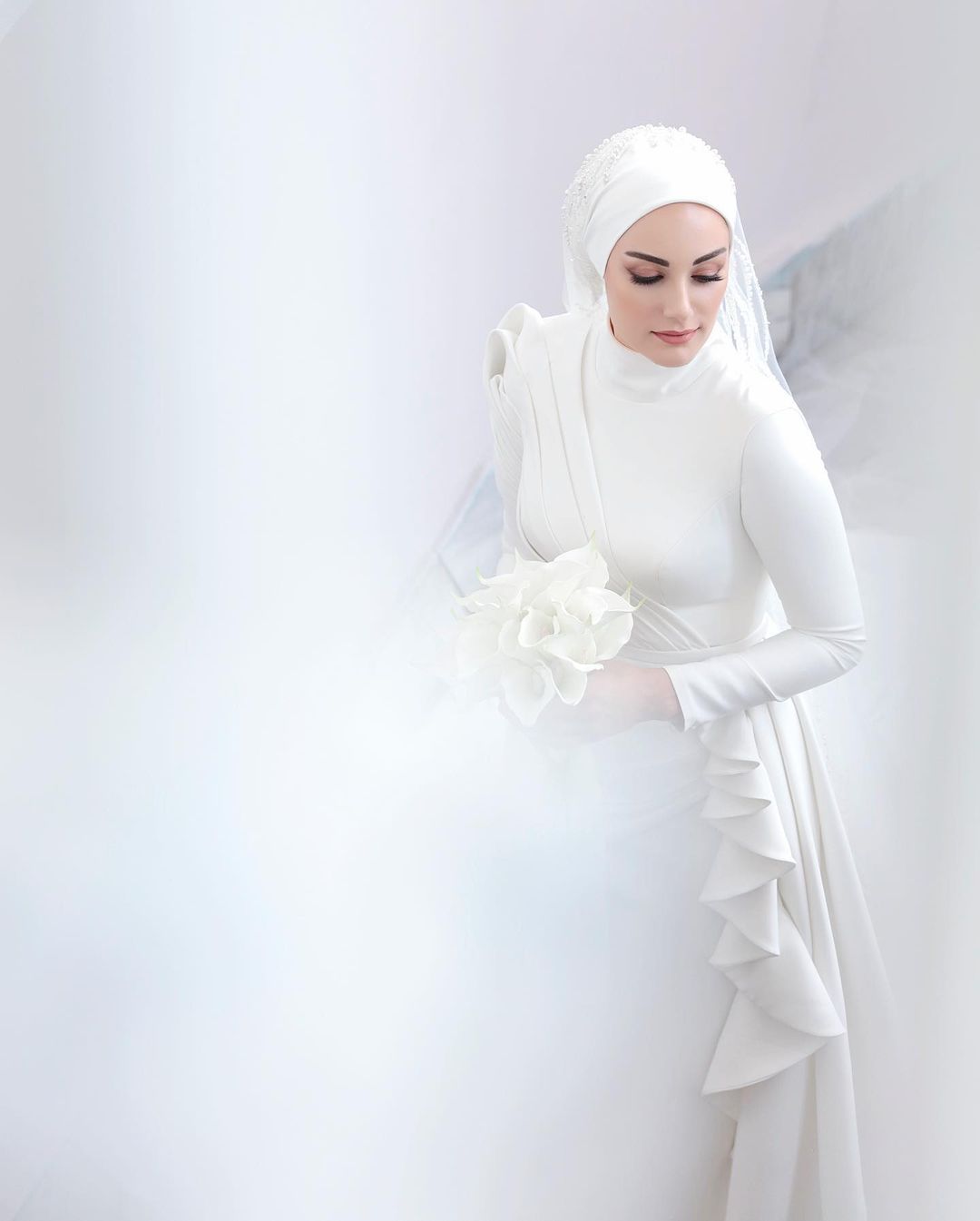 Pakistani Ivory Satin Mermaid Wedding Gown (1-Pc) - Image 3