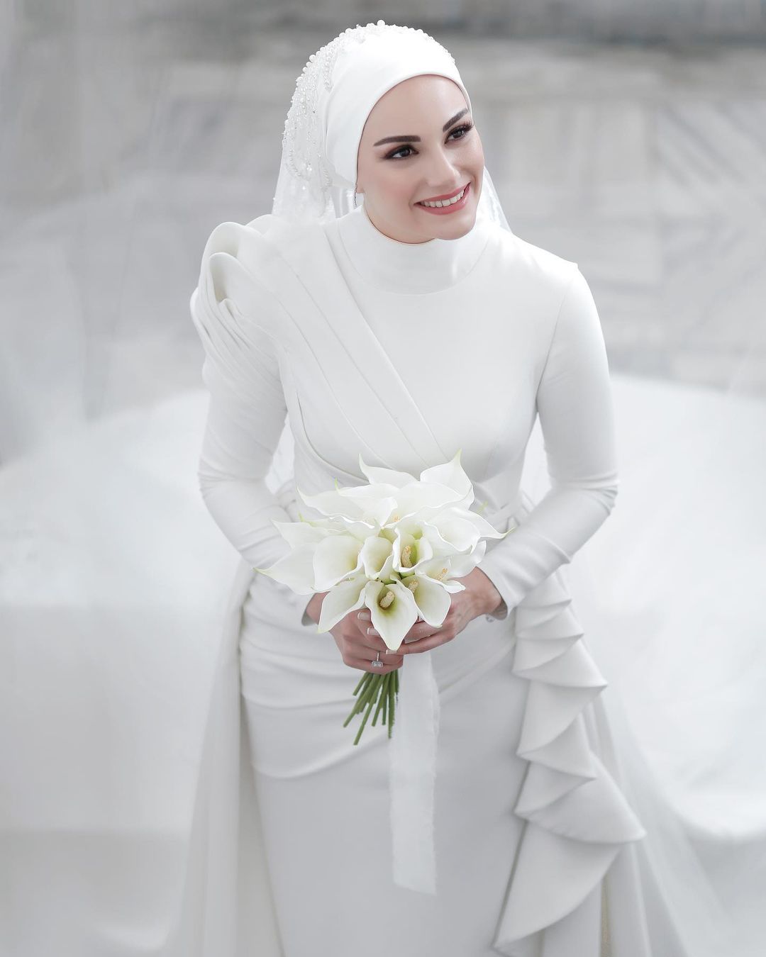 Pakistani Ivory Satin Mermaid Wedding Gown (1-Pc) - Image 8