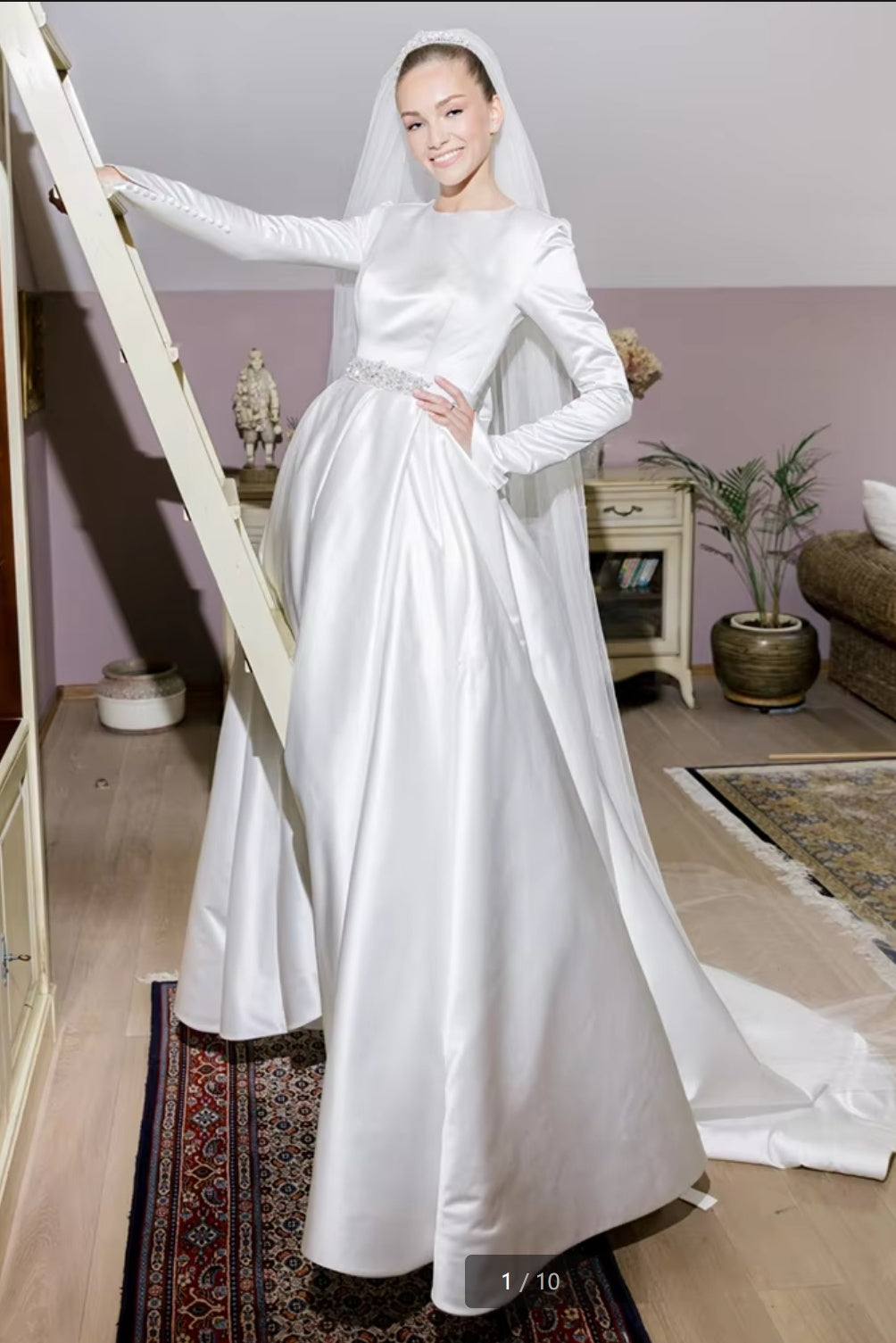Pakistani Ivory Beaded Satin A-Line Wedding Gown (1-Pc) - Image 1