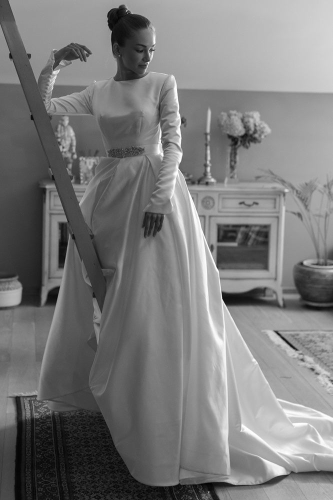 Pakistani Ivory Beaded Satin A-Line Wedding Gown (1-Pc) - Image 2