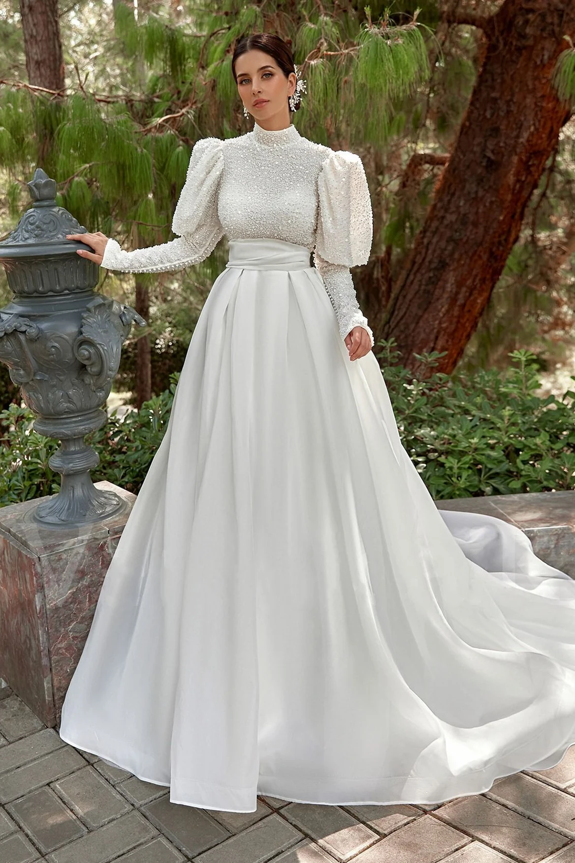 Pakistani Ivory Beaded Satin A-Line Wedding Gown (1-Pc) - Image 1