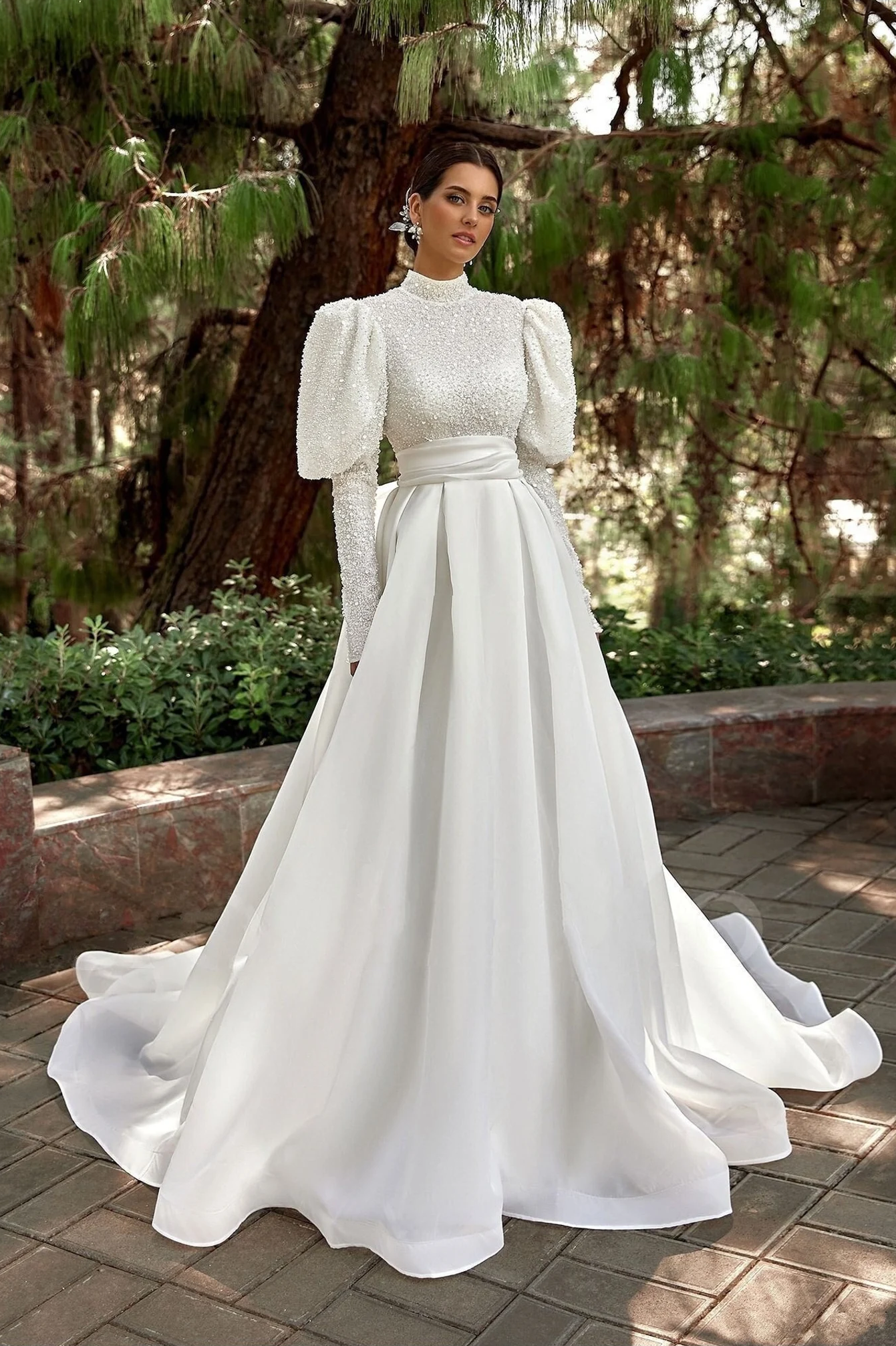 Pakistani Ivory Beaded Satin A-Line Wedding Gown (1-Pc) - Image 3