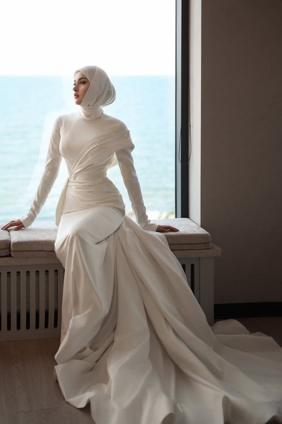 Ivory Beaded Satin A-Line Wedding Gown (2-Piece) - Image 10