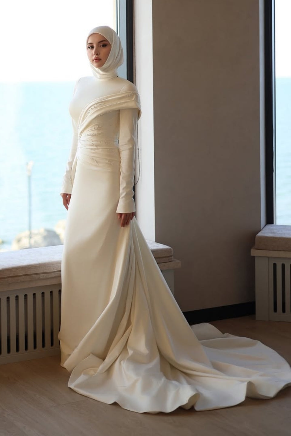 Ivory Beaded Satin A-Line Wedding Gown (2-Piece) - Image 11