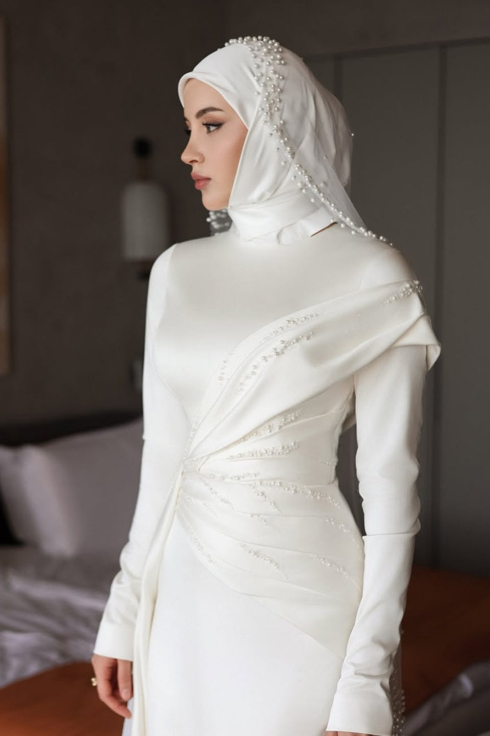 Ivory Beaded Satin A-Line Wedding Gown (2-Piece) - Image 3