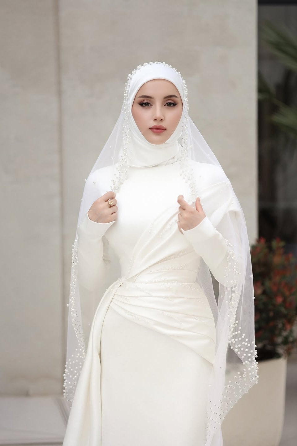 Ivory Beaded Satin A-Line Wedding Gown (2-Piece) - Image 6