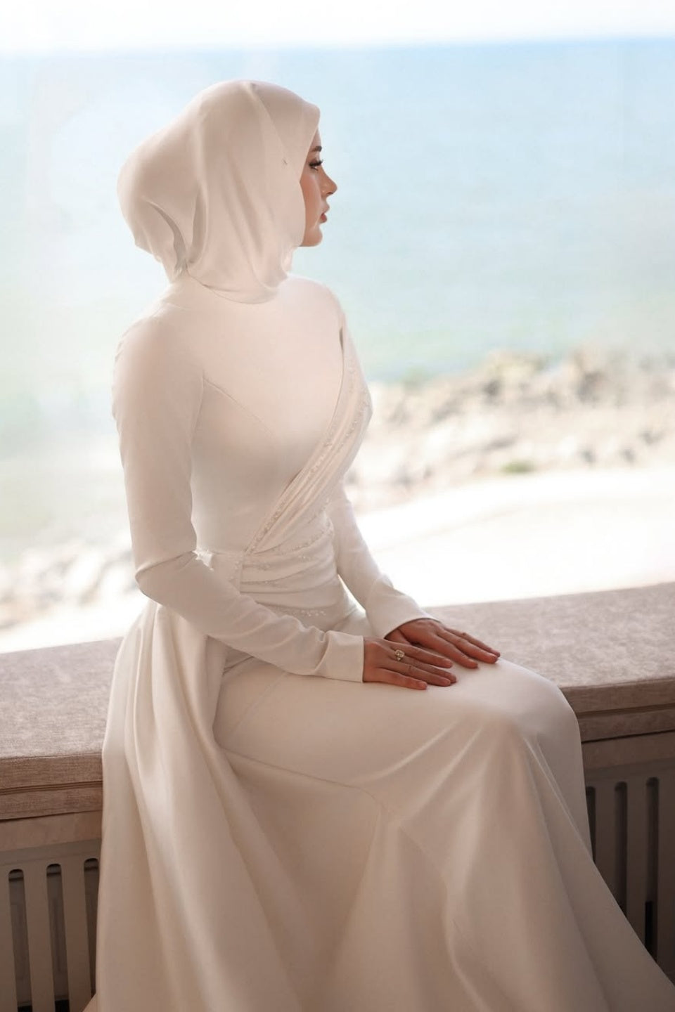 Ivory Beaded Satin A-Line Wedding Gown (2-Piece) - Image 8