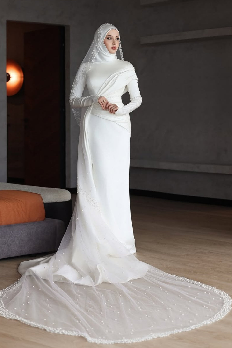 Ivory Beaded Satin A-Line Wedding Gown (2-Piece) - Image 9