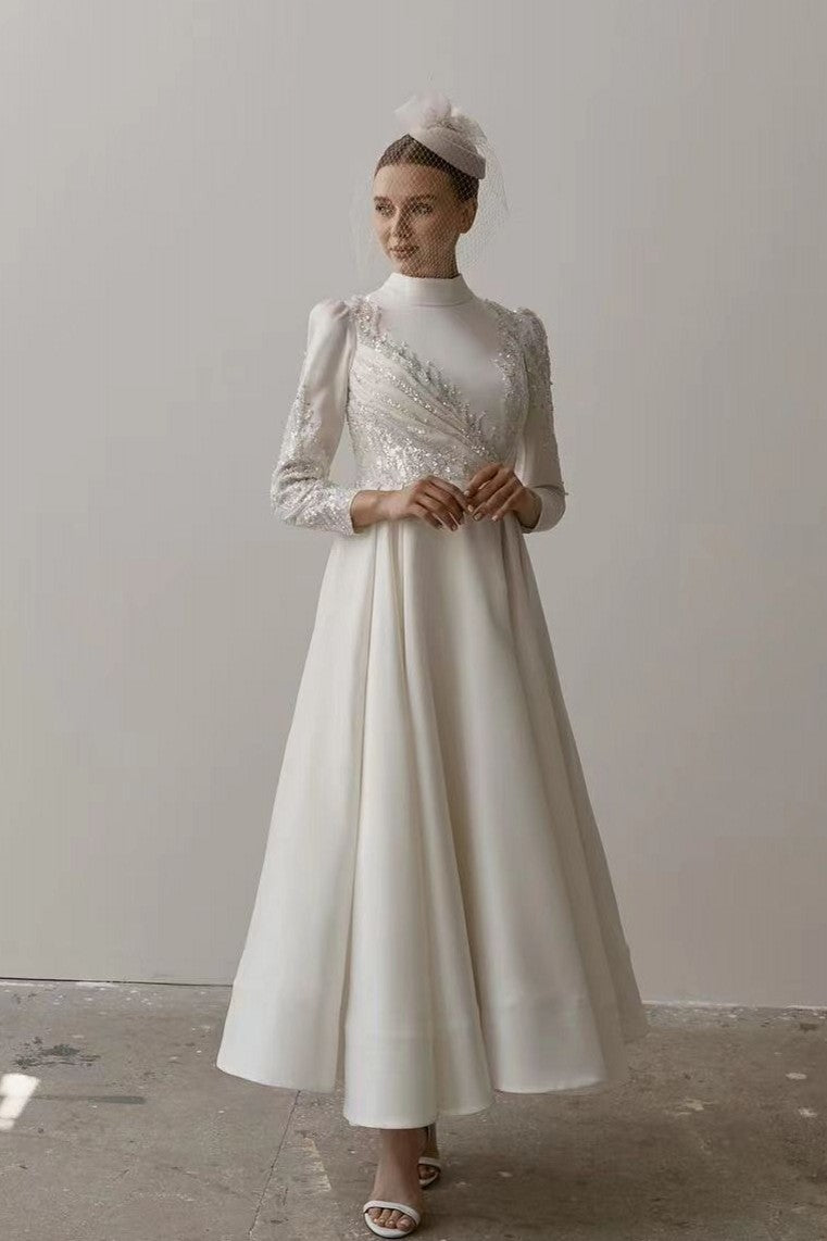 Pakistani Ivory Beaded Satin A-Line Wedding Gown (1-Pc) - Image 1