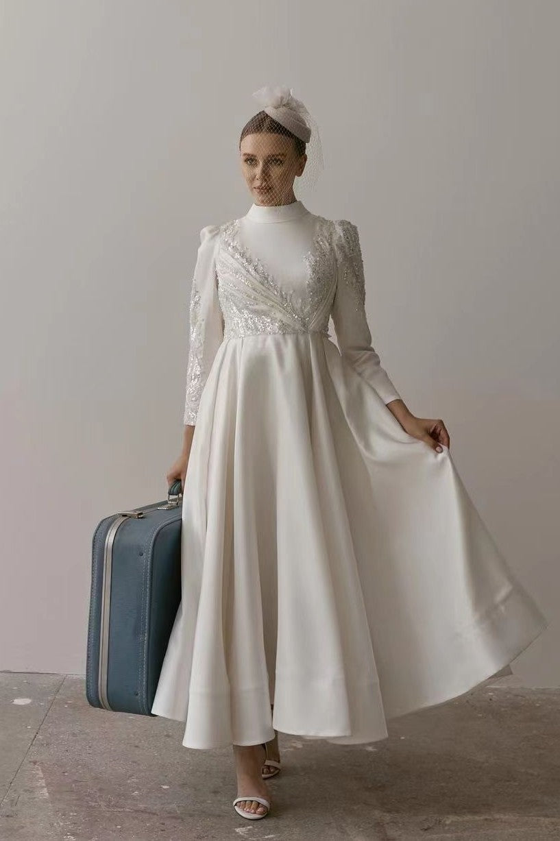 Pakistani Ivory Beaded Satin A-Line Wedding Gown (1-Pc) - Image 2