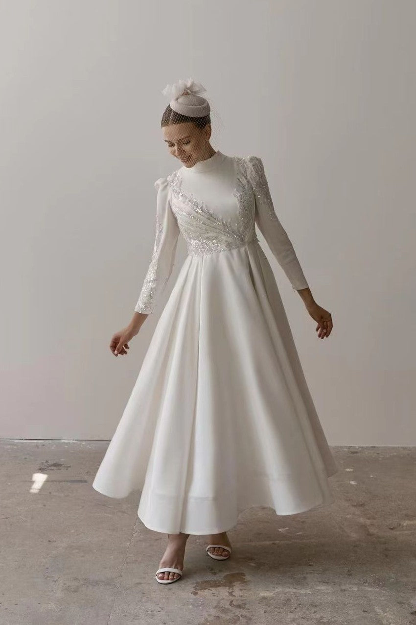 Pakistani Ivory Beaded Satin A-Line Wedding Gown (1-Pc) - Image 3