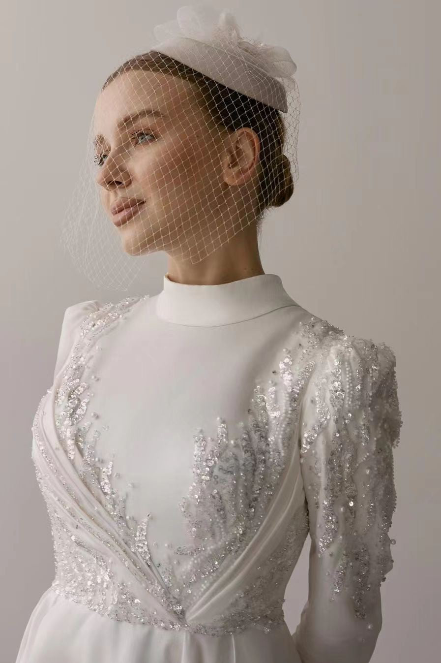 Pakistani Ivory Beaded Satin A-Line Wedding Gown (1-Pc) - Image 4