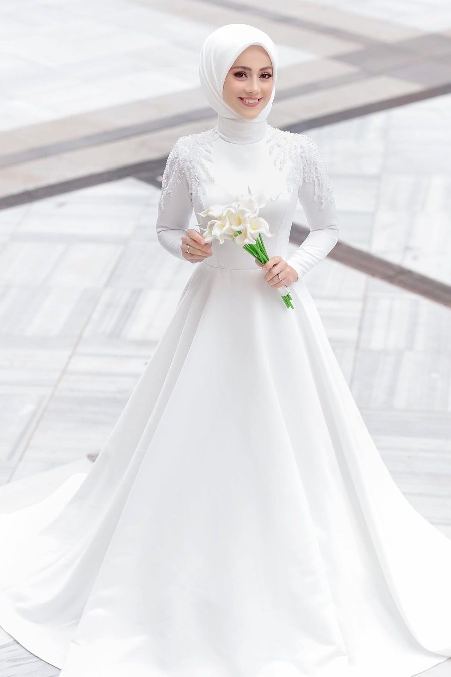 Pakistani Ivory Beaded Lace Satin Bridal Gown (1-Pc) - Image 1