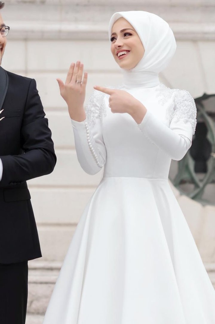 Pakistani Ivory Beaded Lace Satin Bridal Gown (1-Pc) - Image 5