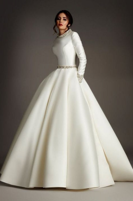 Pakistani Ivory Beaded Satin Ball Gown Wedding Dress (1-Pc) - Image 1