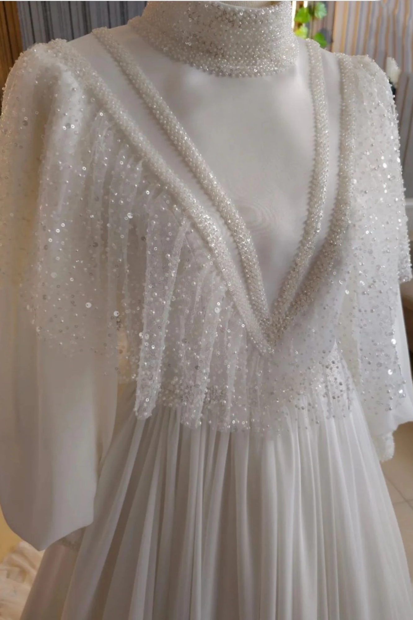 Pakistani Ivory Beaded Soft Satin A-Line Bridal Gown (1-Pc) - Image 3