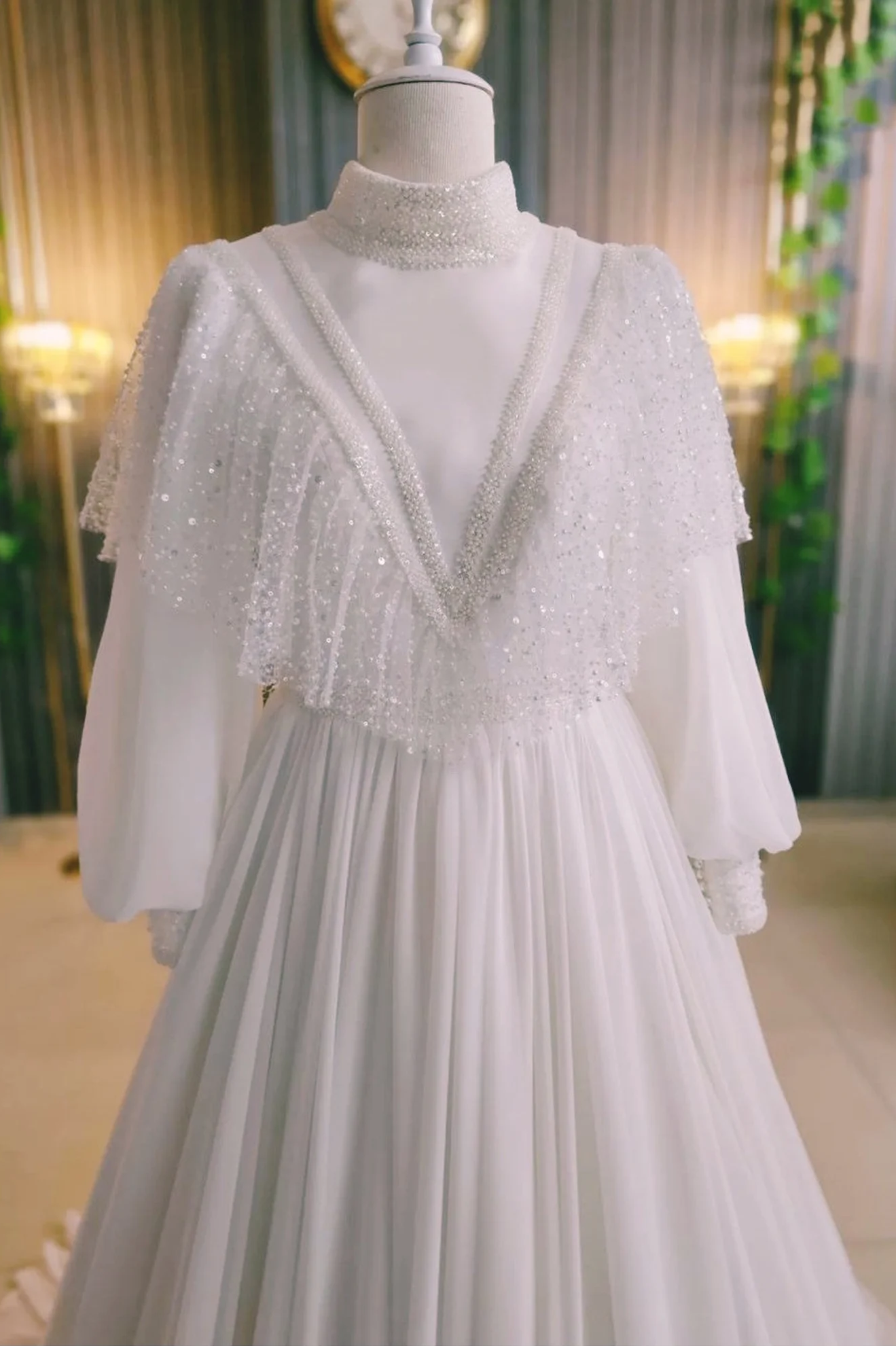 Pakistani Ivory Beaded Soft Satin A-Line Bridal Gown (1-Pc) - Image 4