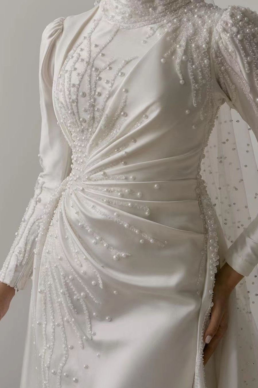 Pakistani Ivory Beaded Satin Muslim Bridal Gown (1-Pc) - Image 2