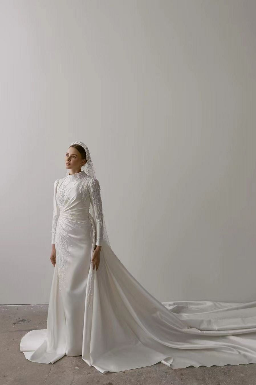 Pakistani Ivory Beaded Satin Muslim Bridal Gown (1-Pc) - Image 3