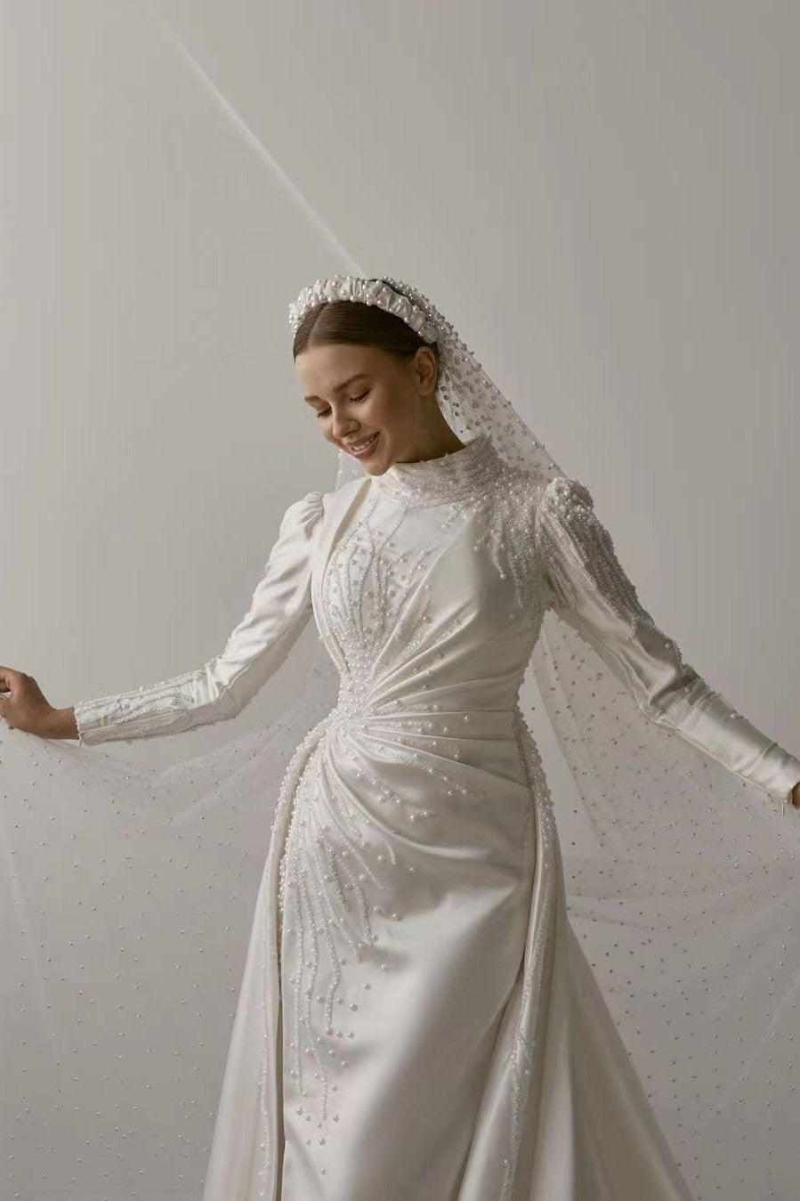 Pakistani Ivory Beaded Satin Muslim Bridal Gown (1-Pc) - Image 5