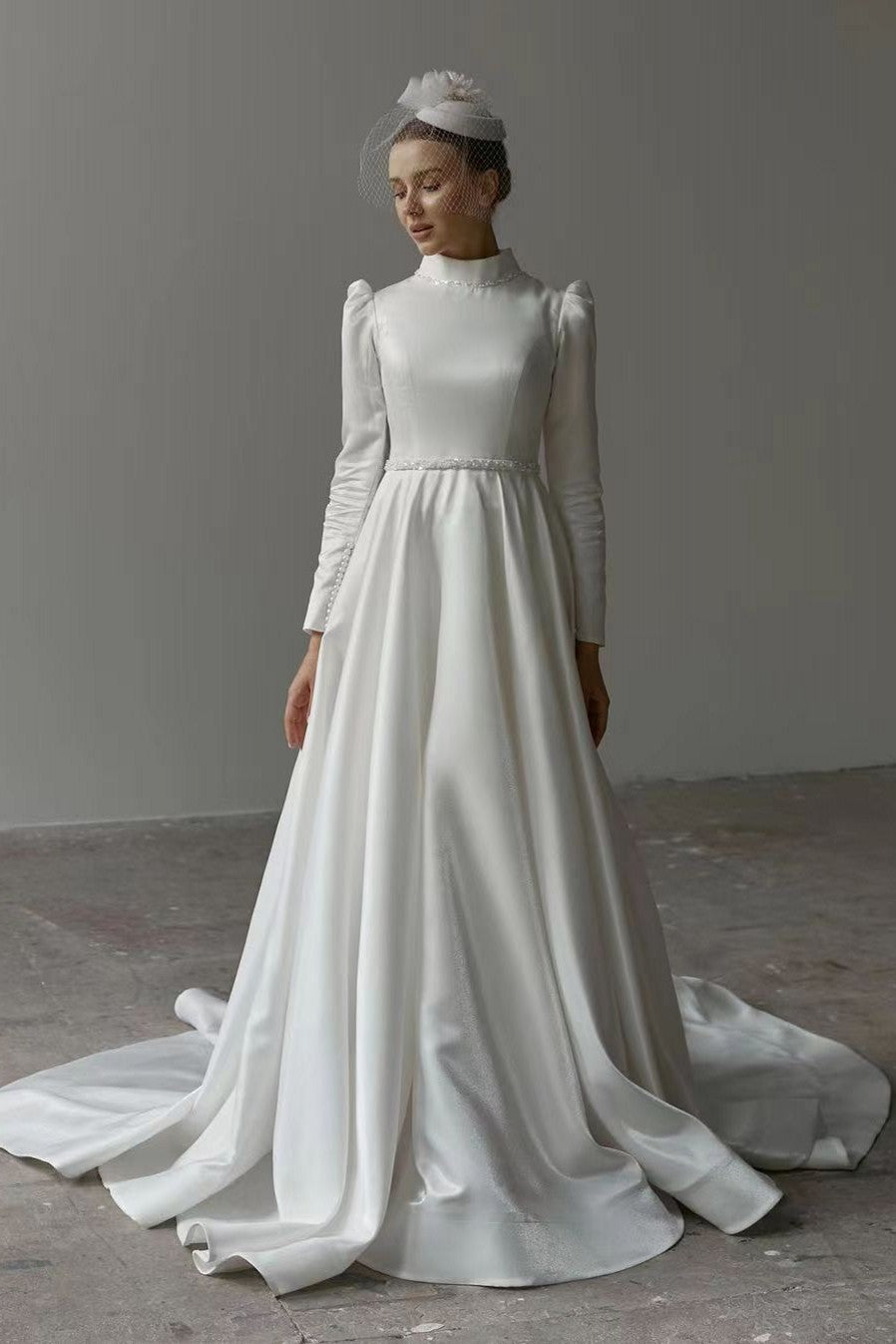 Ivory Beaded Satin A-Line Wedding Gown (1-Pc) - Image 1