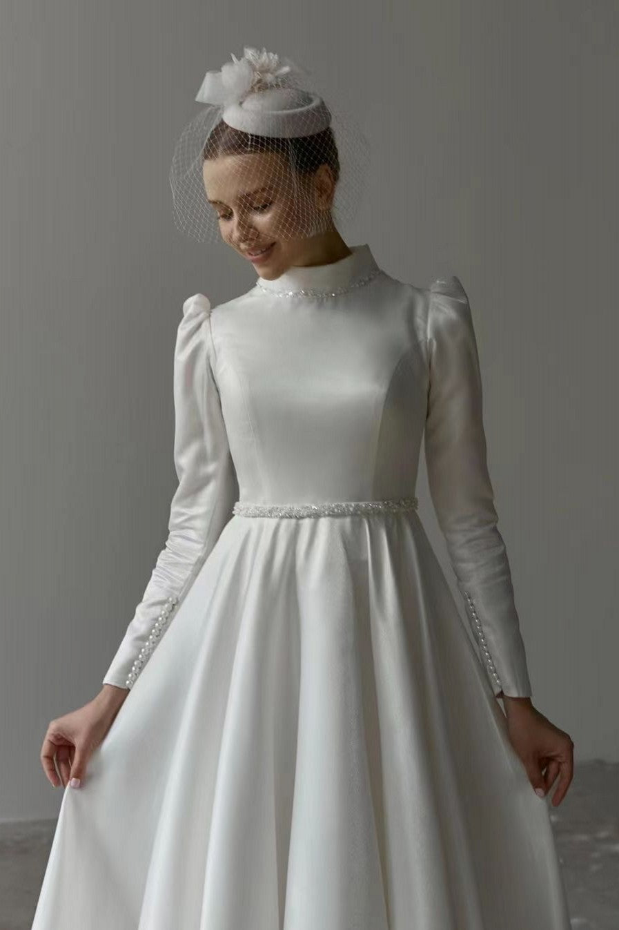 Ivory Beaded Satin A-Line Wedding Gown (1-Pc) - Image 2