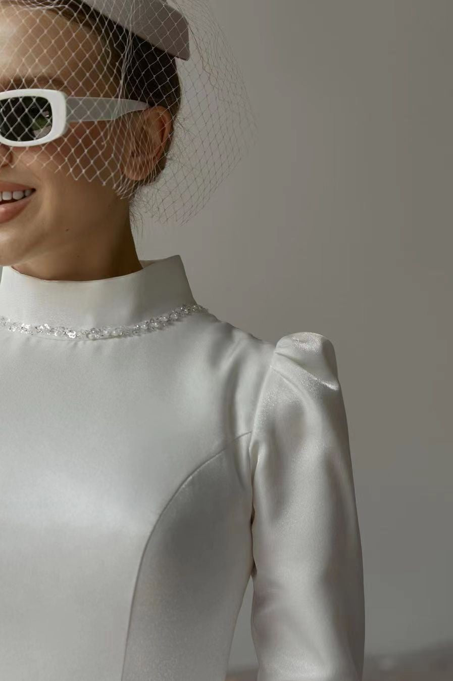 Ivory Beaded Satin A-Line Wedding Gown (1-Pc) - Image 5