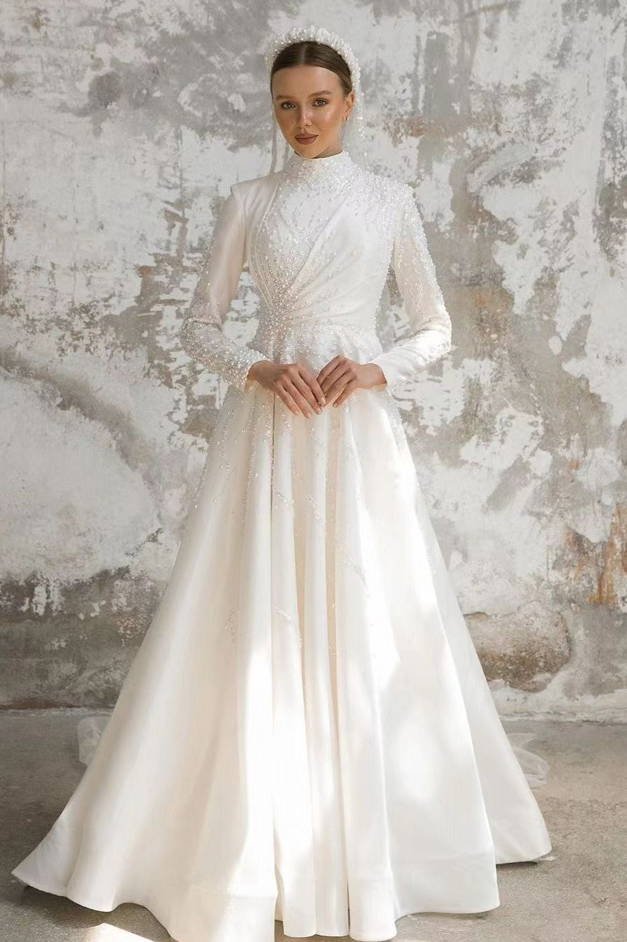 Pakistani Ivory Beaded Satin A-Line Wedding Gown (1-Pc) - Image 1