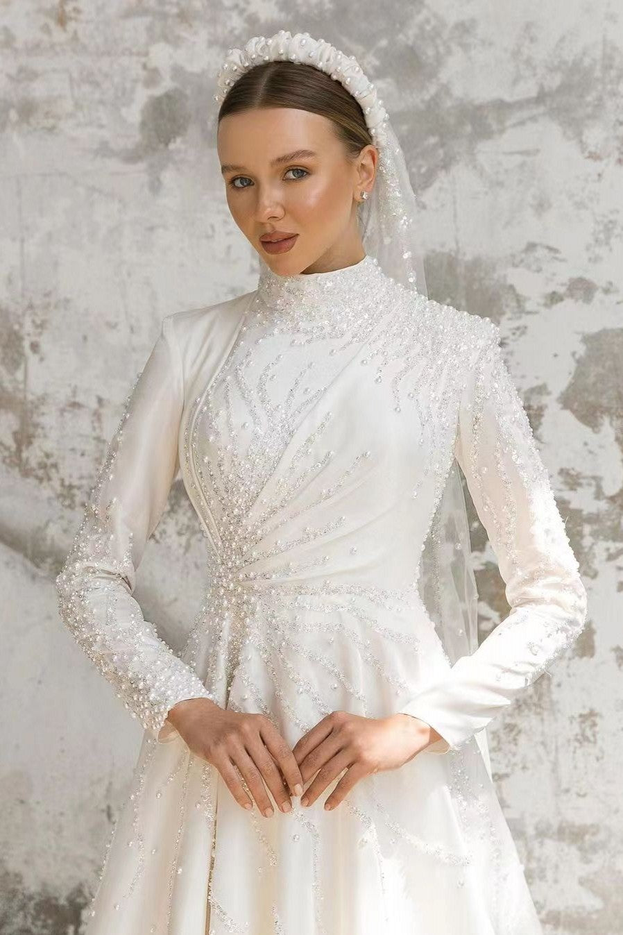 Pakistani Ivory Beaded Satin A-Line Wedding Gown (1-Pc) - Image 3