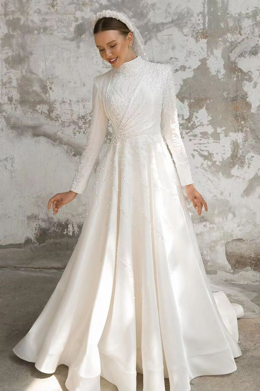 Pakistani Ivory Beaded Satin A-Line Wedding Gown (1-Pc) - Image 4