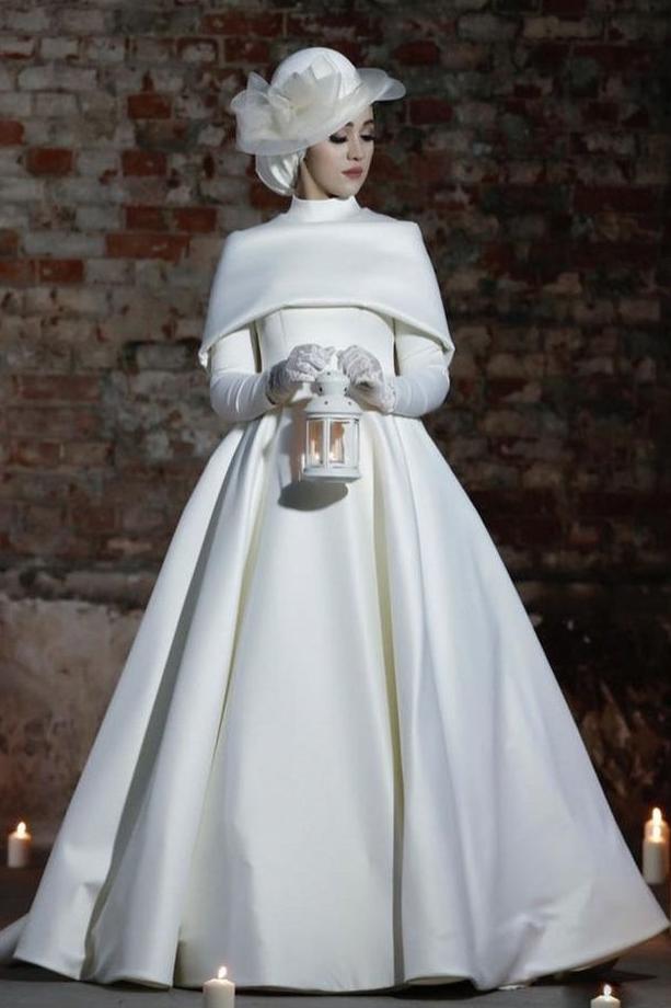 Pakistani Ivory Satin A-Line Bridal Gown (1-Pc) - Image 1