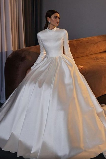 Ivory Satin A-Line Wedding Gown (1-Pc) - Image 1
