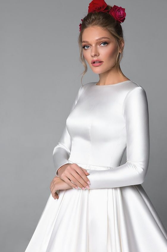 Pakistani Ivory Satin A-Line Muslim Wedding Gown (1-Pc) - Image 4