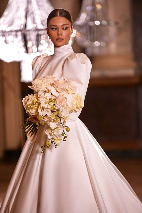 Pakistani Ivory Satin A-Line Wedding Gown (1-Pc) - Image 2