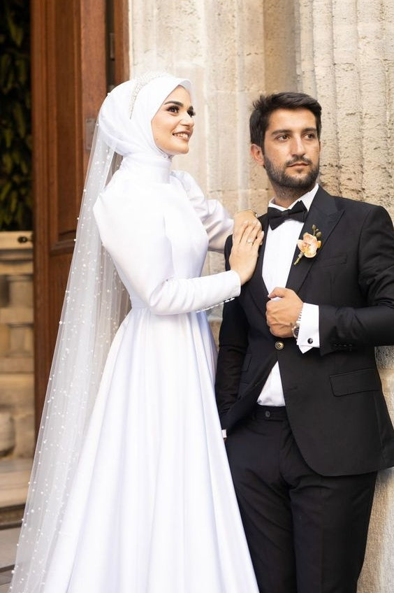 Ivory Satin A-Line Modest Wedding Gown (2-Piece) - Image 2