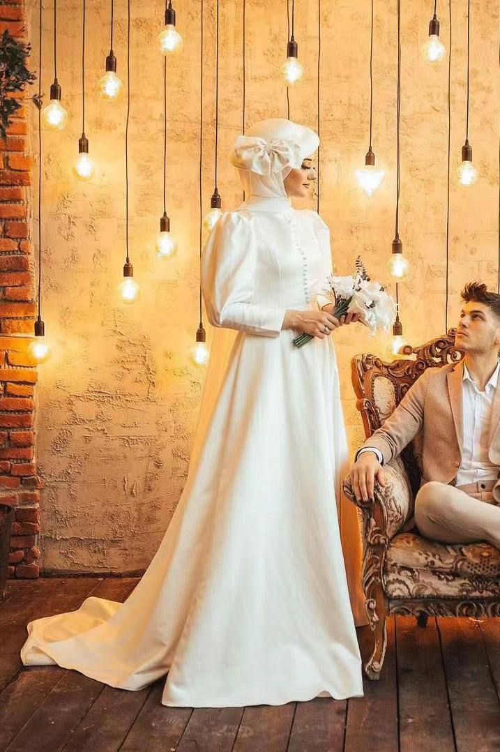 Ivory Satin A-Line Wedding Gown (1-Pc) - Image 1