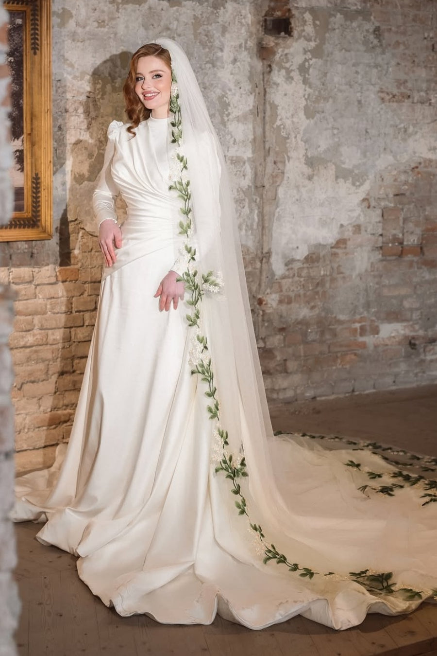 Pakistani Ivory Floral-Embroidered Satin A-Line Wedding Gown (2-Piece) - Image 1