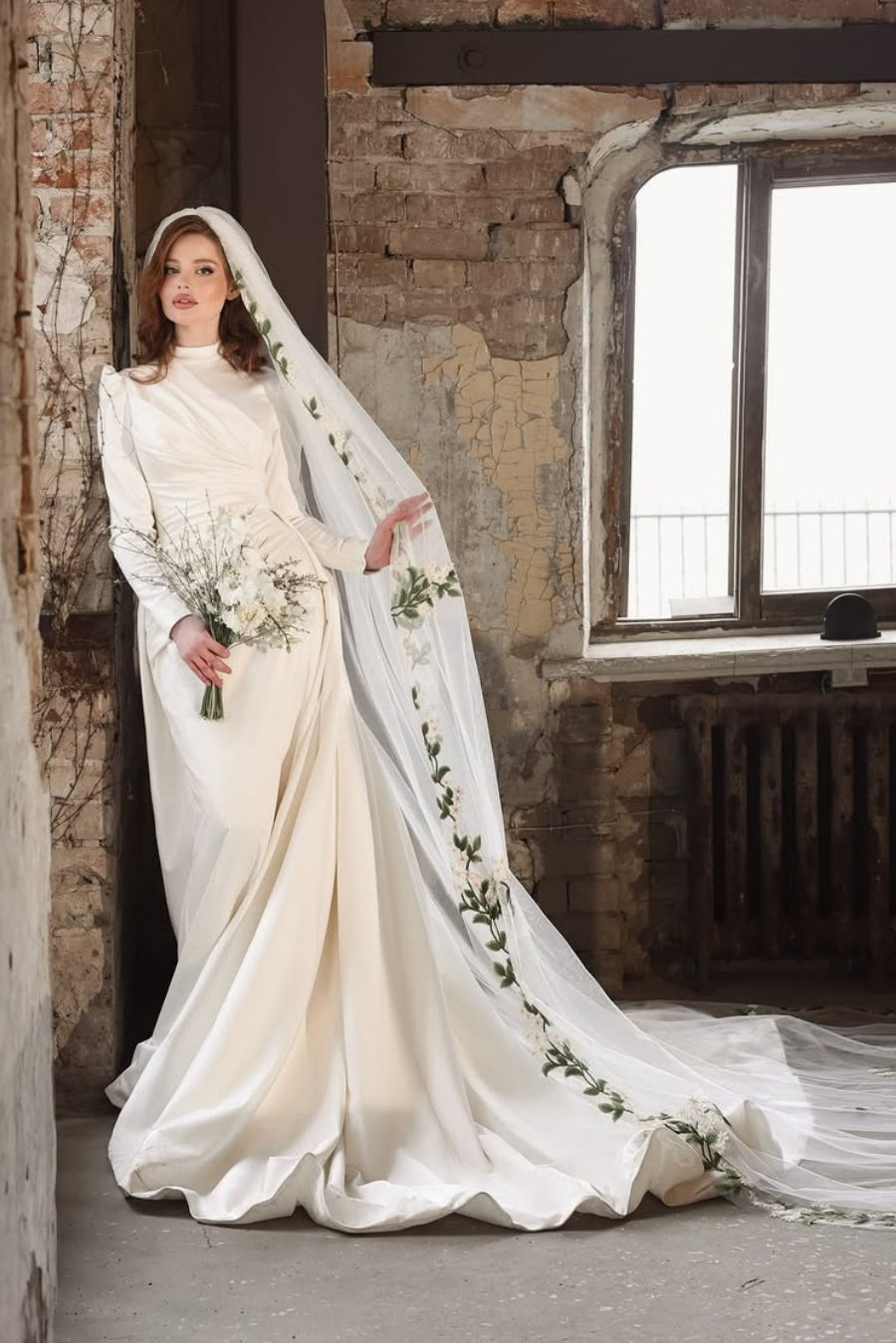 Pakistani Ivory Floral-Embroidered Satin A-Line Wedding Gown (2-Piece) - Image 2