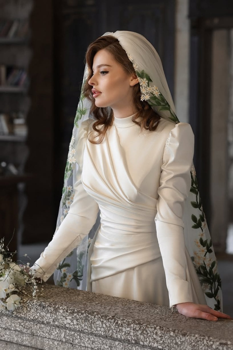 Pakistani Ivory Floral-Embroidered Satin A-Line Wedding Gown (2-Piece) - Image 3