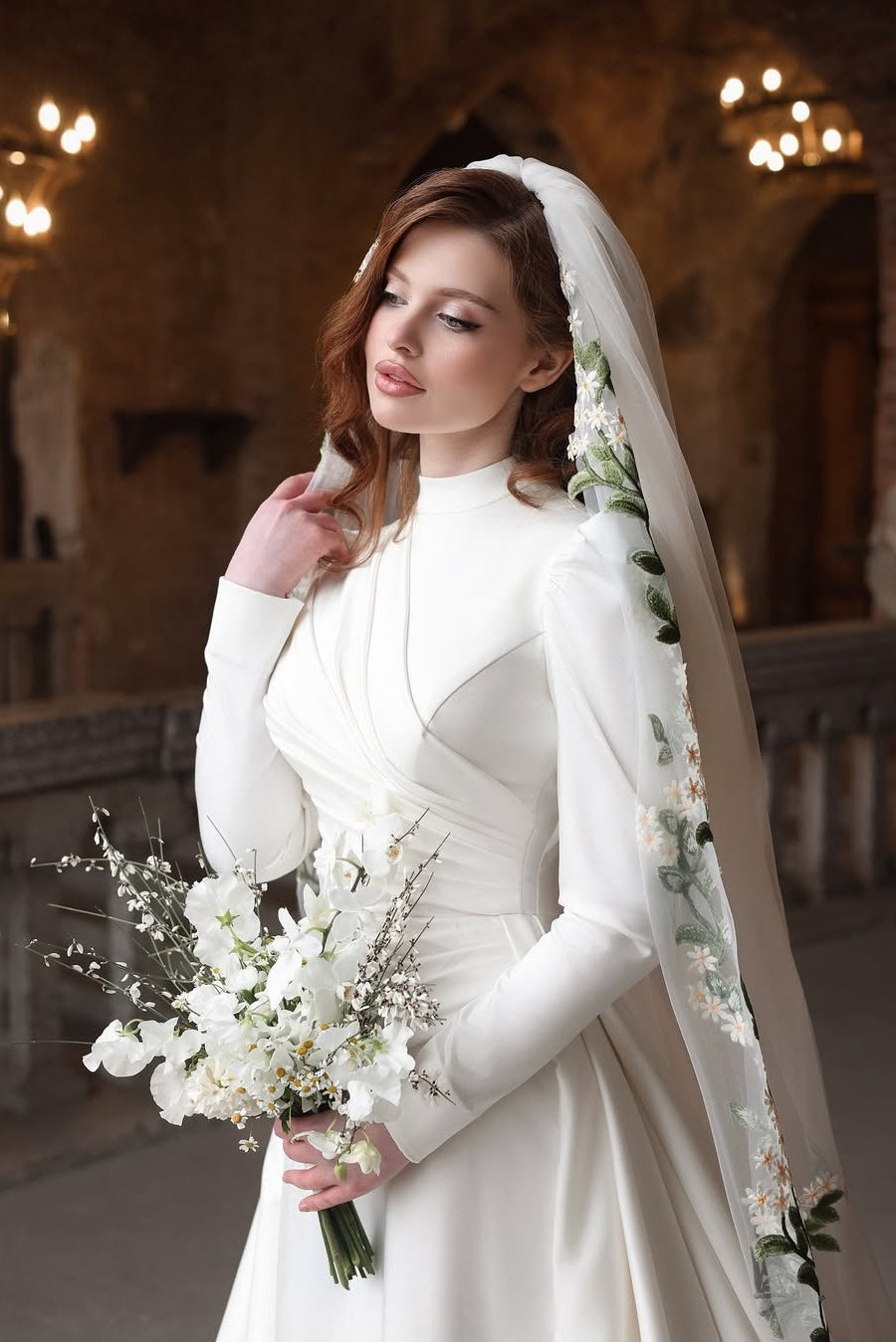 Pakistani Ivory Floral-Embroidered Satin A-Line Wedding Gown (2-Piece) - Image 4