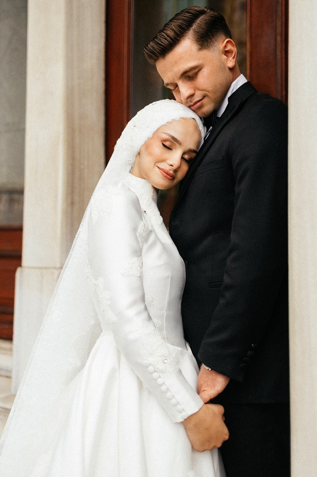 Pakistani Ivory Lace Appliqué Satin A-Line Wedding Gown (2-Piece) - Image 3