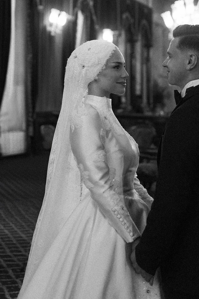 Pakistani Ivory Lace Appliqué Satin A-Line Wedding Gown (2-Piece) - Image 5